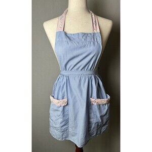 VTG Beatrix German Floral Cotton Apron Bib Blue Stripe Tie CottageCore Baking